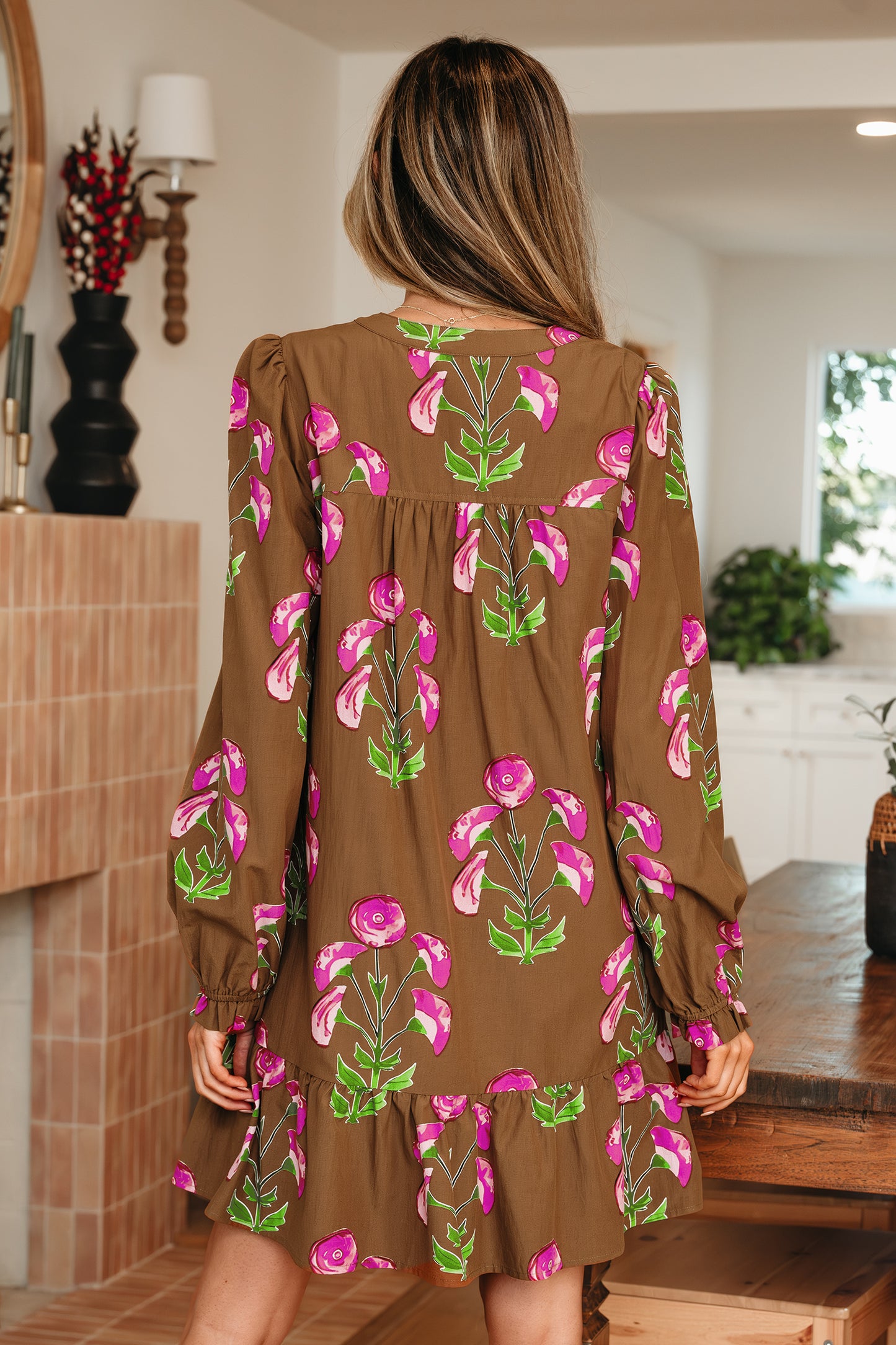 Women's Brown Floral Puff Sleeve Summer Mini Dress