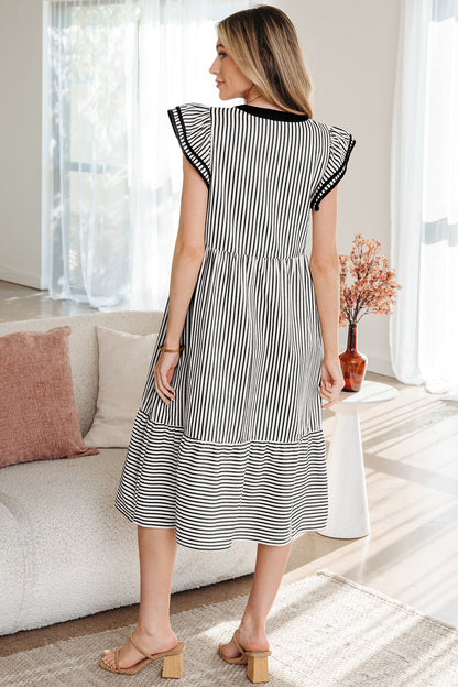 Women's Black Stripe Short Sleeve Summer Midi Dress
