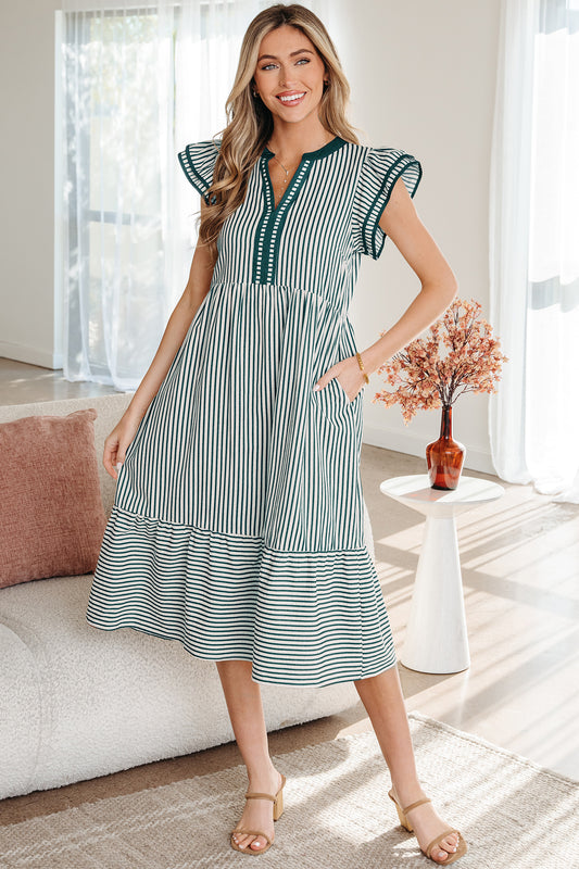 Women's Green Stripe Short Sleeve Summer Midi Dress
