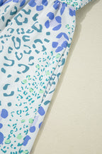 Sky Blue Leopard Contrast Bow Puff Sleeve Mini Dress