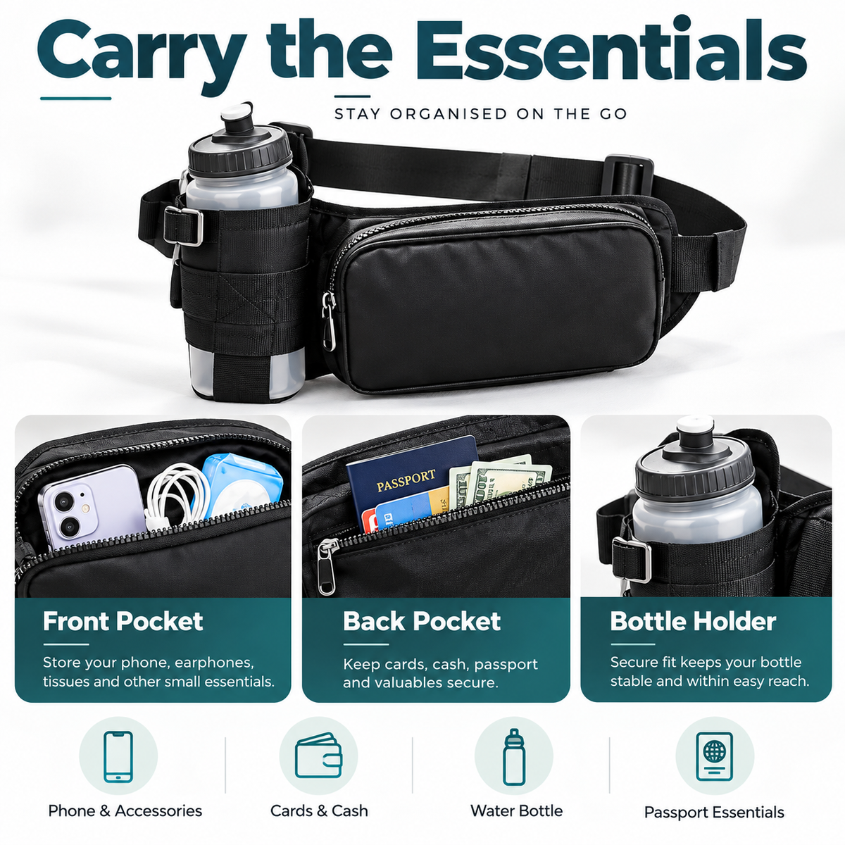 Running Bum Bag with Water Bottle Holder – Water-Resistant Waist Bag for Running, Walking & Hiking