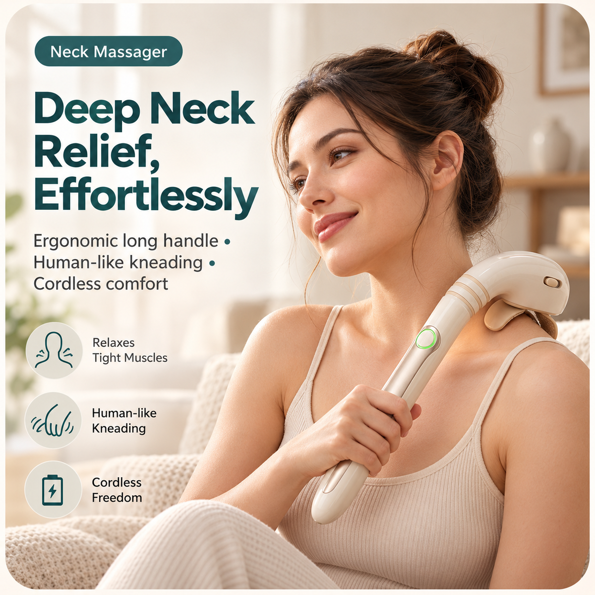 Cordless Handheld Neck & Shoulder Massager – Long-Handle Kneading Massager for Neck, Shoulders, Arms & Legs