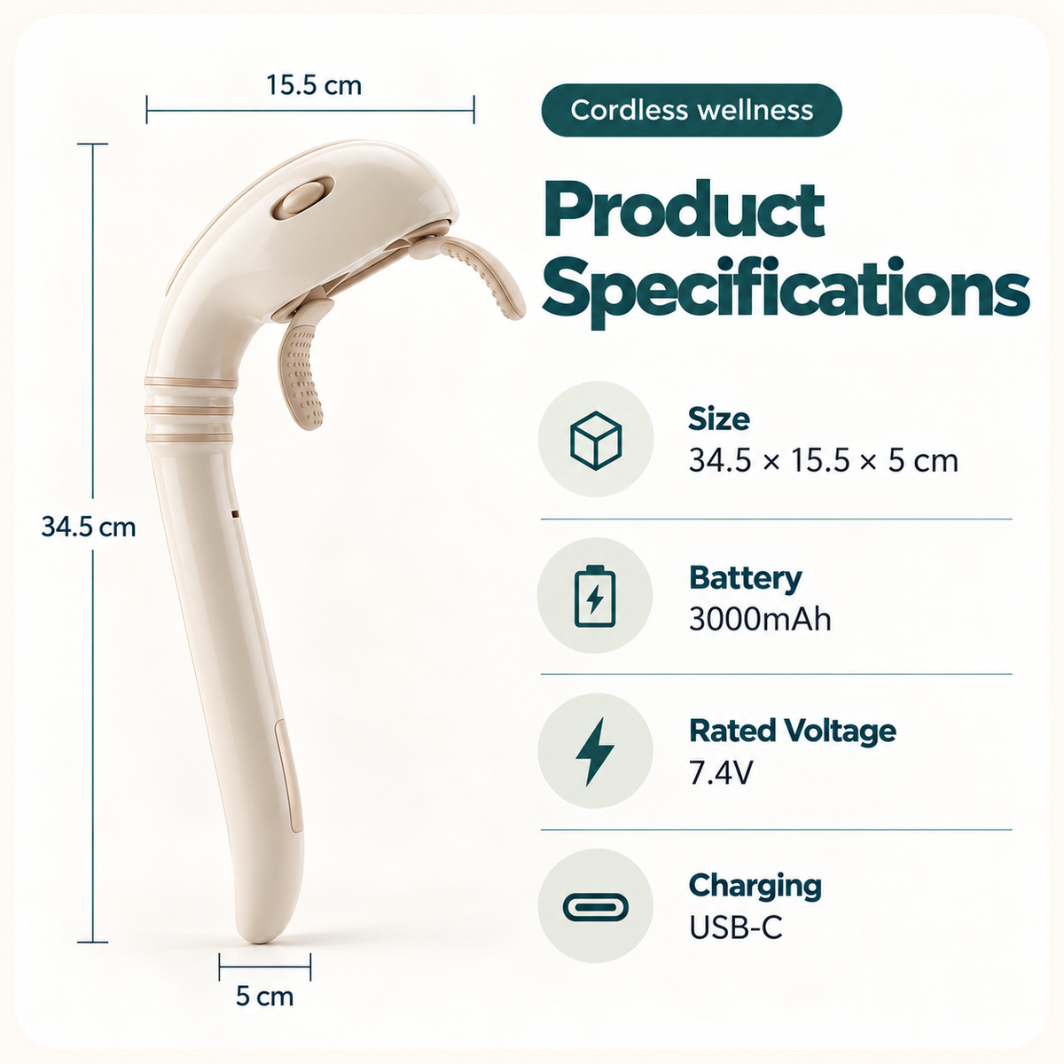 Cordless Handheld Neck & Shoulder Massager – Long-Handle Kneading Massager for Neck, Shoulders, Arms & Legs
