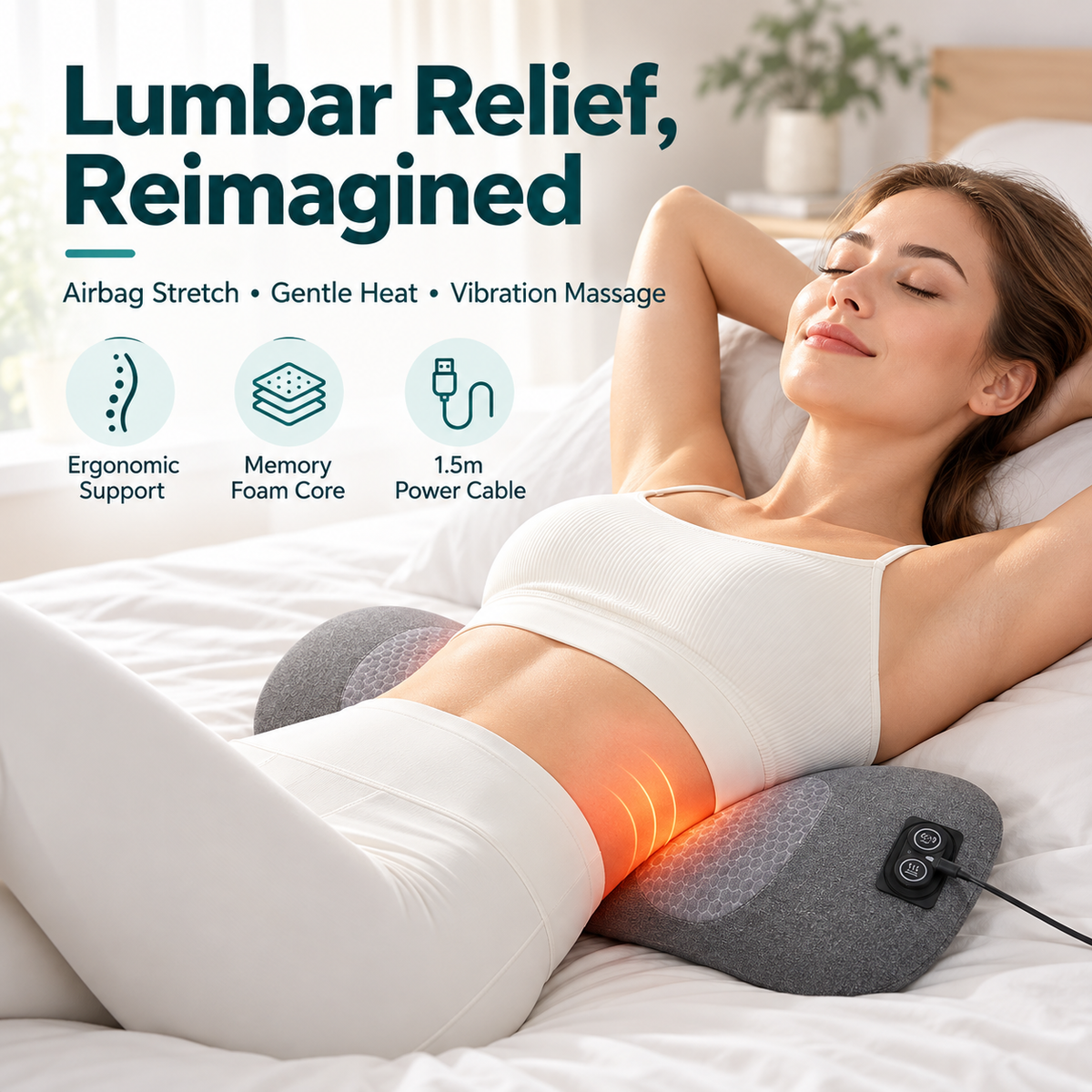 Heated Lumbar Massage Pillow – Electric Lower Back Massager with Heat, Vibration & Air Stretch, Memory Foam