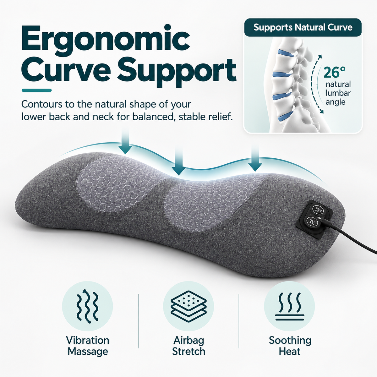 Heated Lumbar Massage Pillow – Electric Lower Back Massager with Heat, Vibration & Air Stretch, Memory Foam