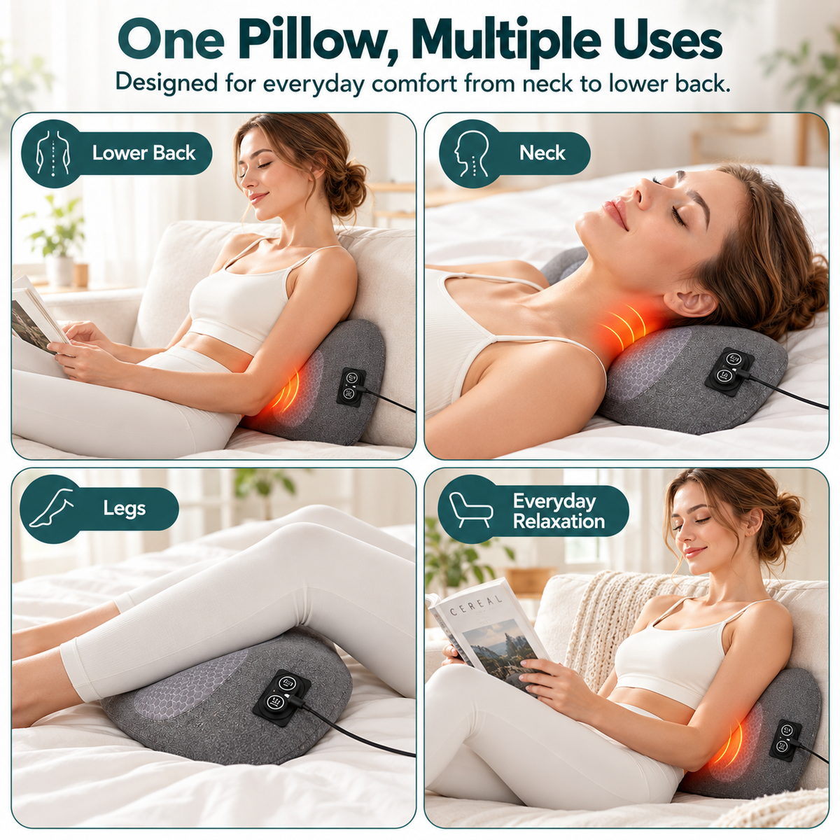 Heated Lumbar Massage Pillow – Electric Lower Back Massager with Heat, Vibration & Air Stretch, Memory Foam
