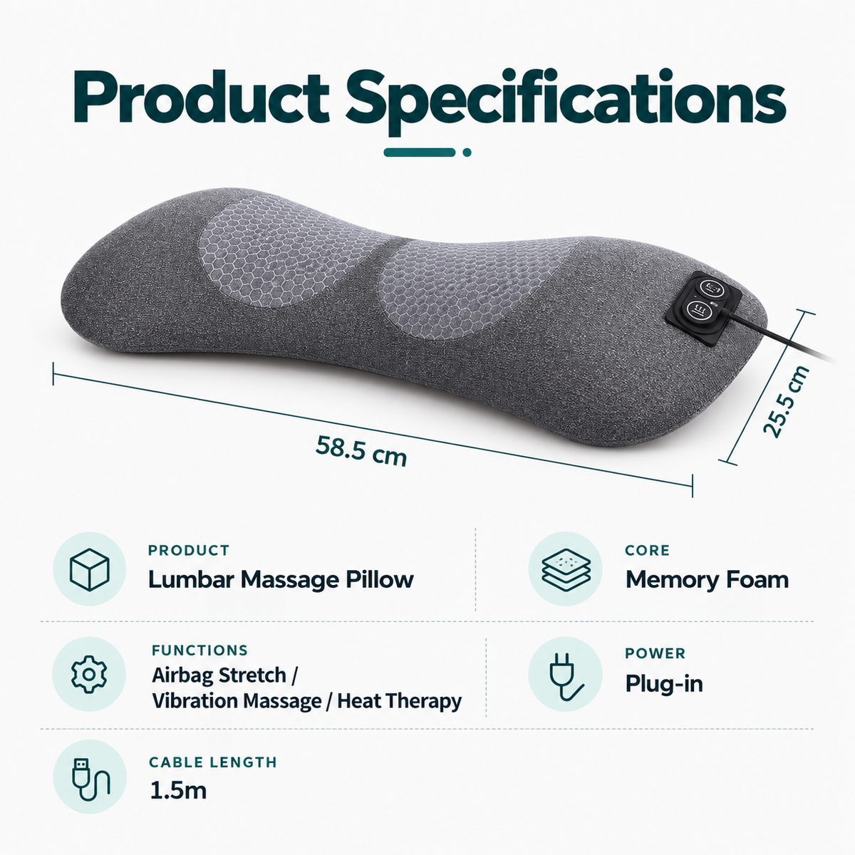 Heated Lumbar Massage Pillow – Electric Lower Back Massager with Heat, Vibration & Air Stretch, Memory Foam