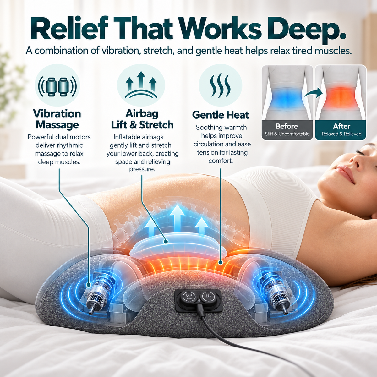 Heated Lumbar Massage Pillow – Electric Lower Back Massager with Heat, Vibration & Air Stretch, Memory Foam