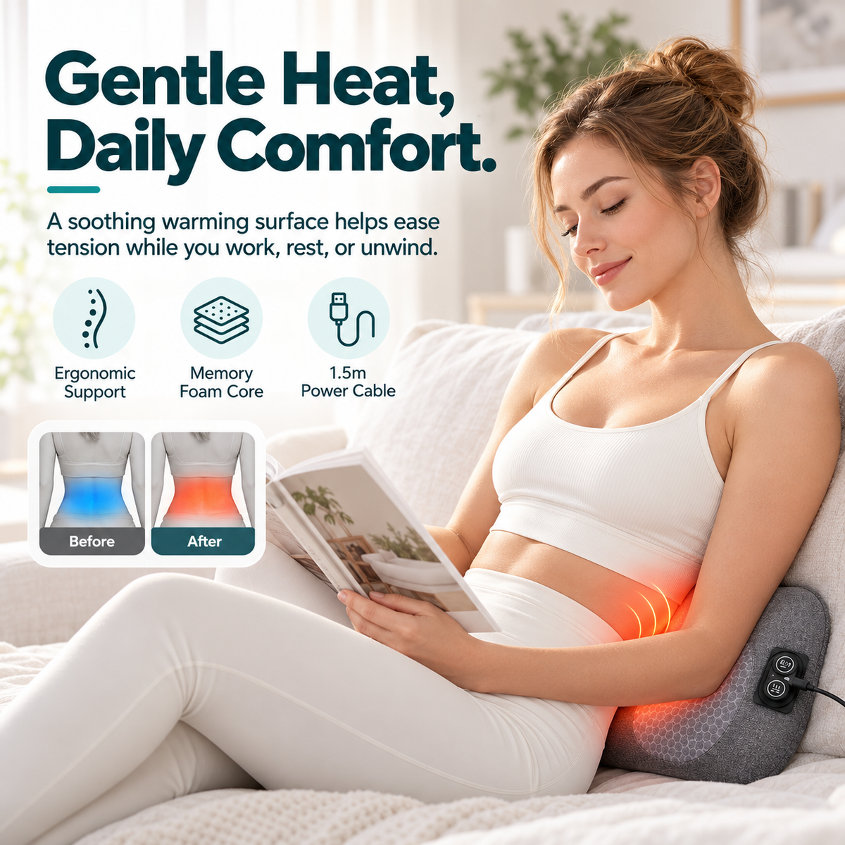 Heated Lumbar Massage Pillow – Electric Lower Back Massager with Heat, Vibration & Air Stretch, Memory Foam