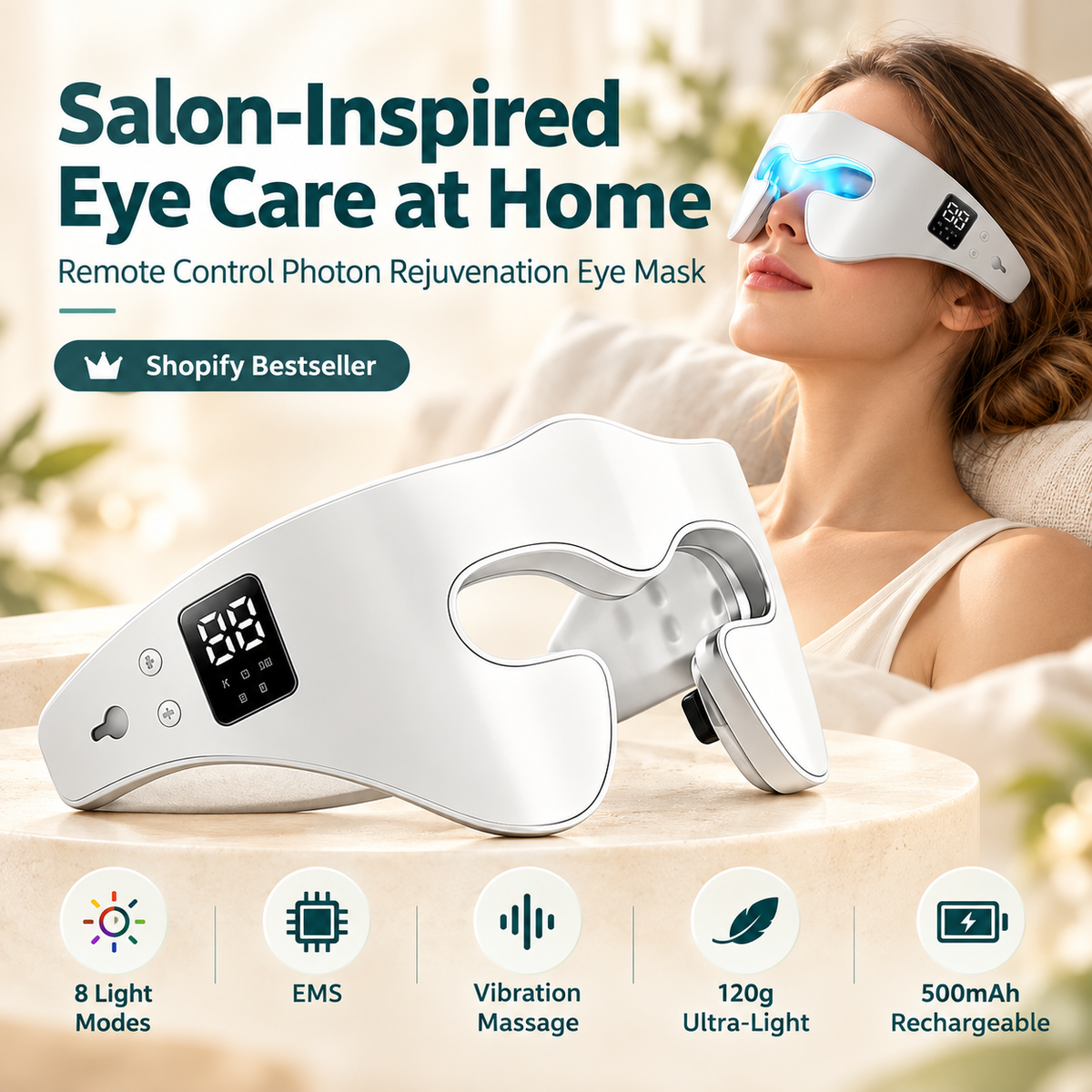 LED Light Therapy Eye Mask – 8-Colour Red Light Eye Mask with EMS Microcurrent & Vibration Massage, Remote Control