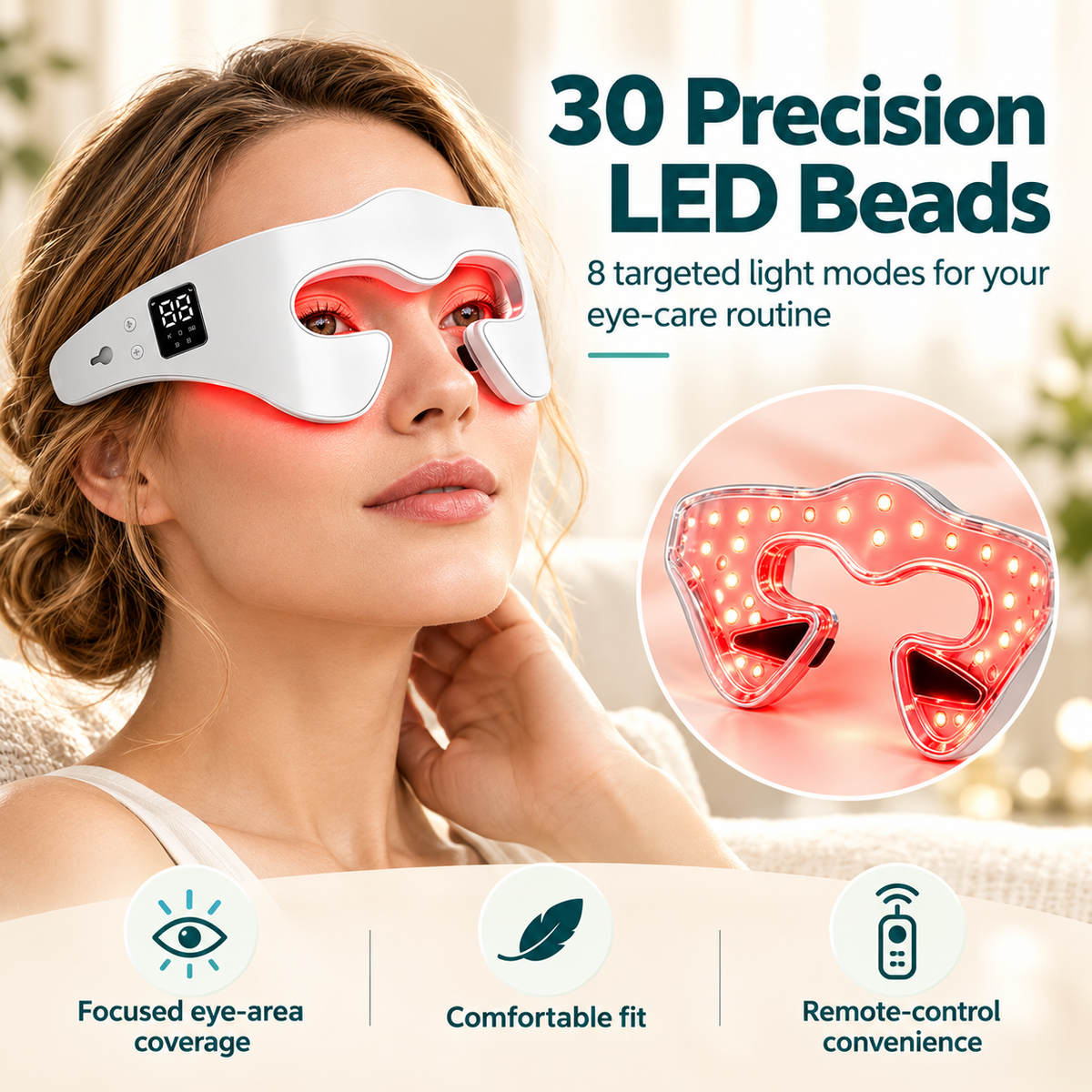 LED Light Therapy Eye Mask – 8-Colour Red Light Eye Mask with EMS Microcurrent & Vibration Massage, Remote Control