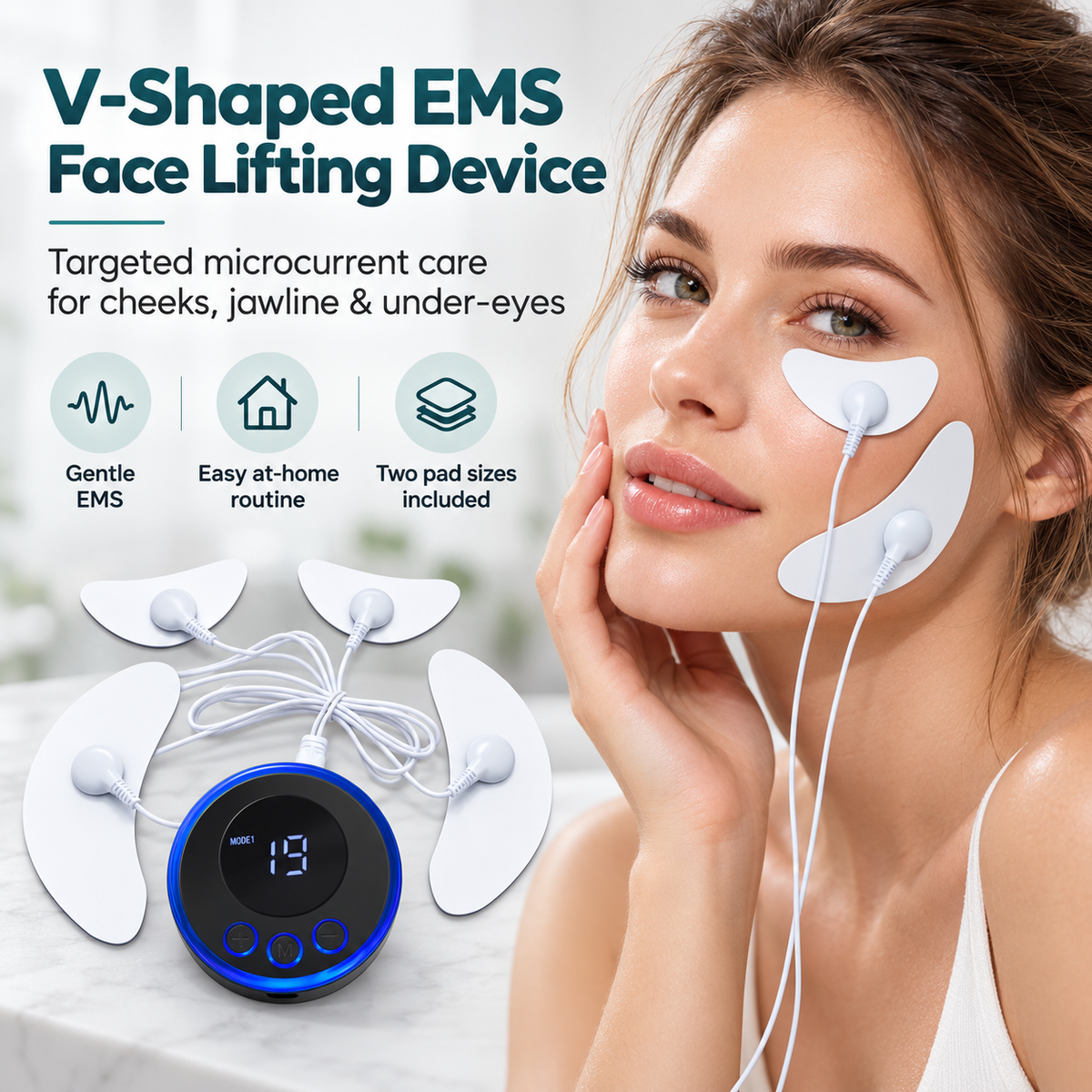 EMS Facial Toning Device – Microcurrent Face & Under-Eye Pads, 19 Intensity Levels, Rechargeable