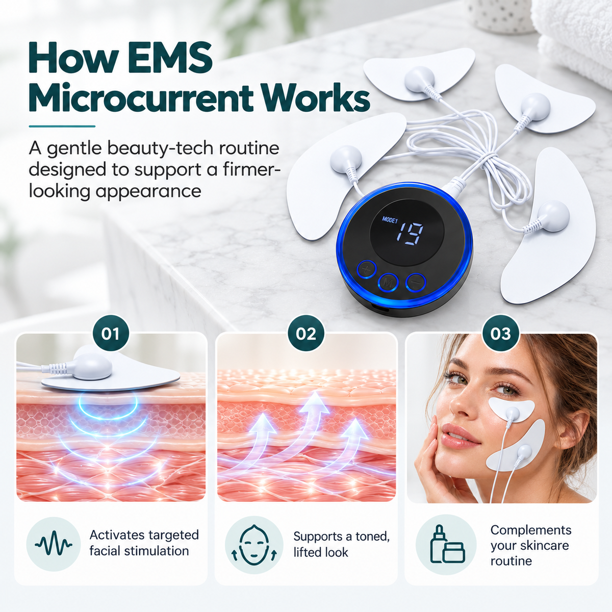 EMS Facial Toning Device – Microcurrent Face & Under-Eye Pads, 19 Intensity Levels, Rechargeable
