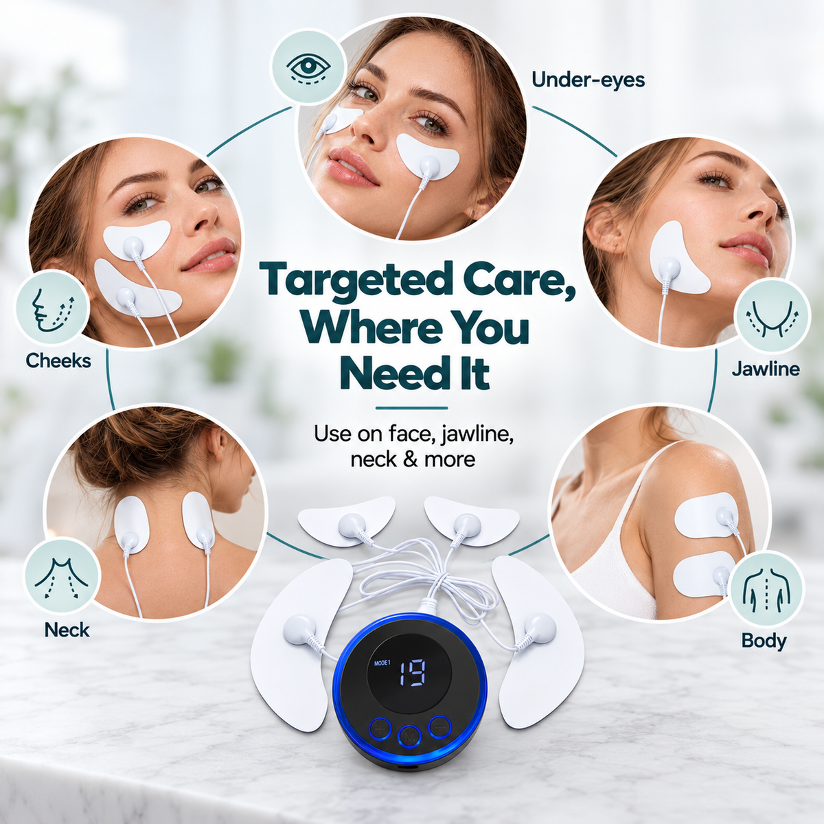 EMS Facial Toning Device – Microcurrent Face & Under-Eye Pads, 19 Intensity Levels, Rechargeable