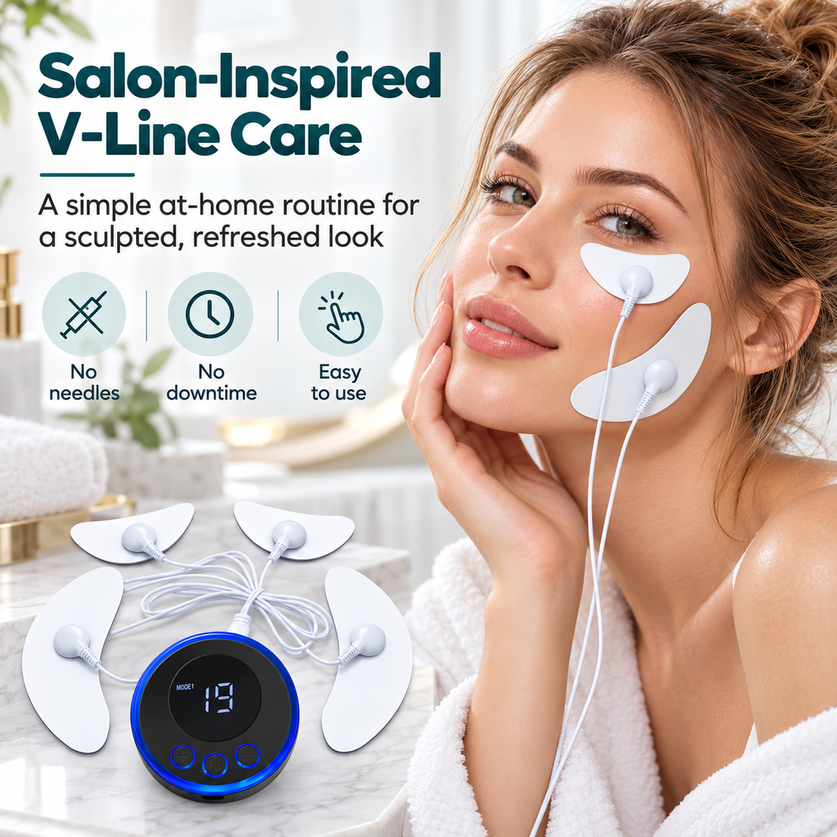 EMS Facial Toning Device – Microcurrent Face & Under-Eye Pads, 19 Intensity Levels, Rechargeable