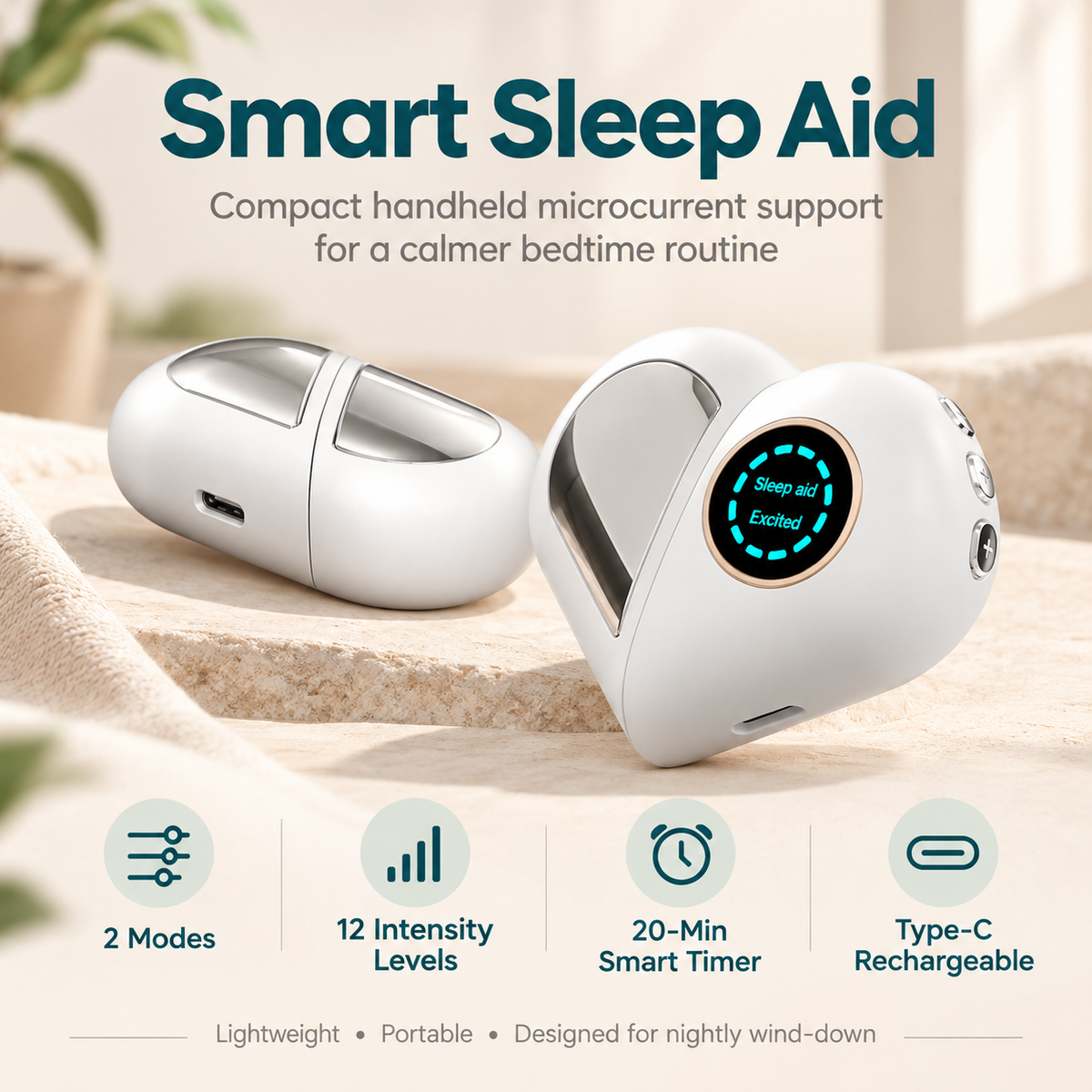 Handheld Sleep Aid Device – Pocket Microcurrent Relaxation Aid with 12 Levels and 20-Minute Timer