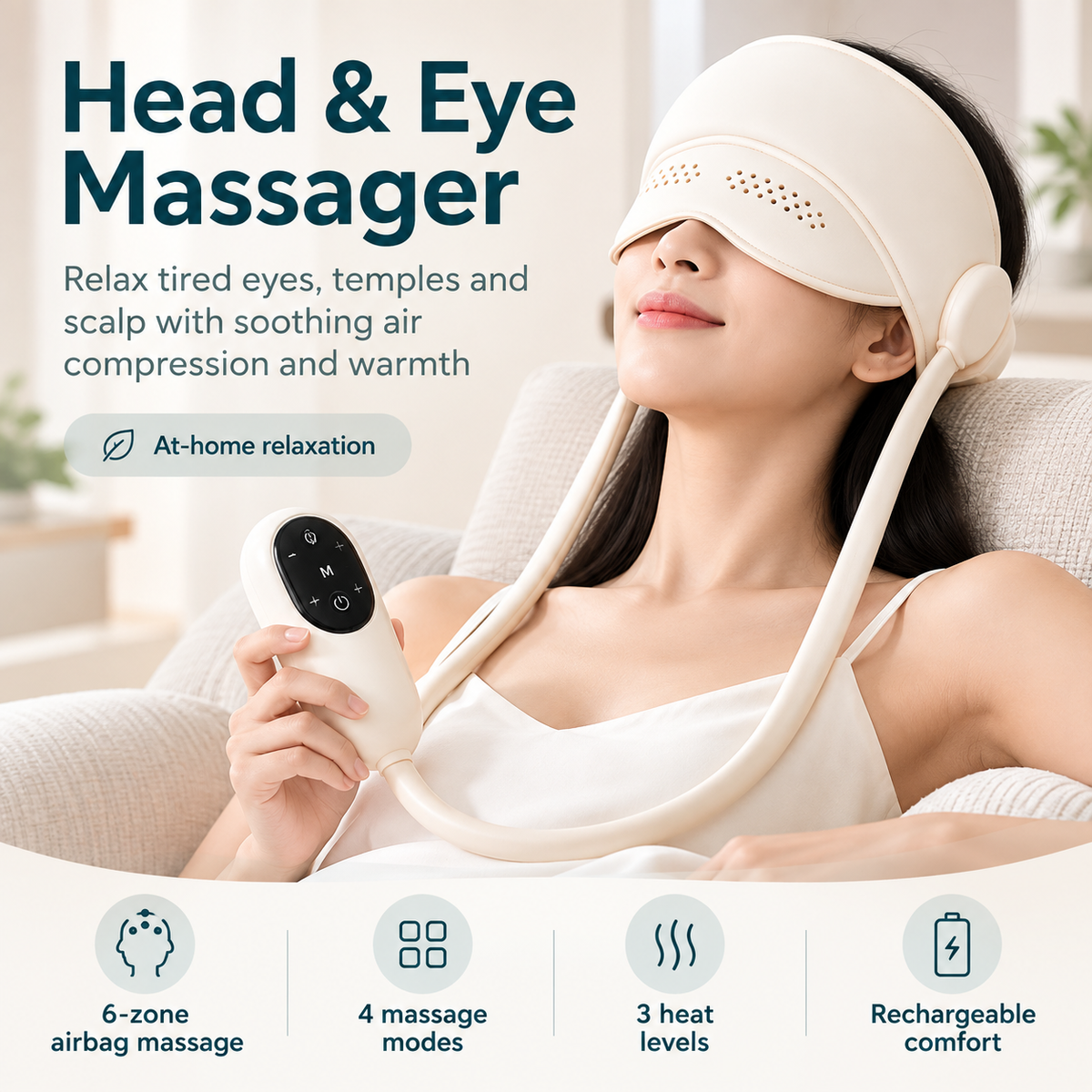 Electric Head & Eye Massager with Heat - 6-Zone Air Compression Head Massage Helmet