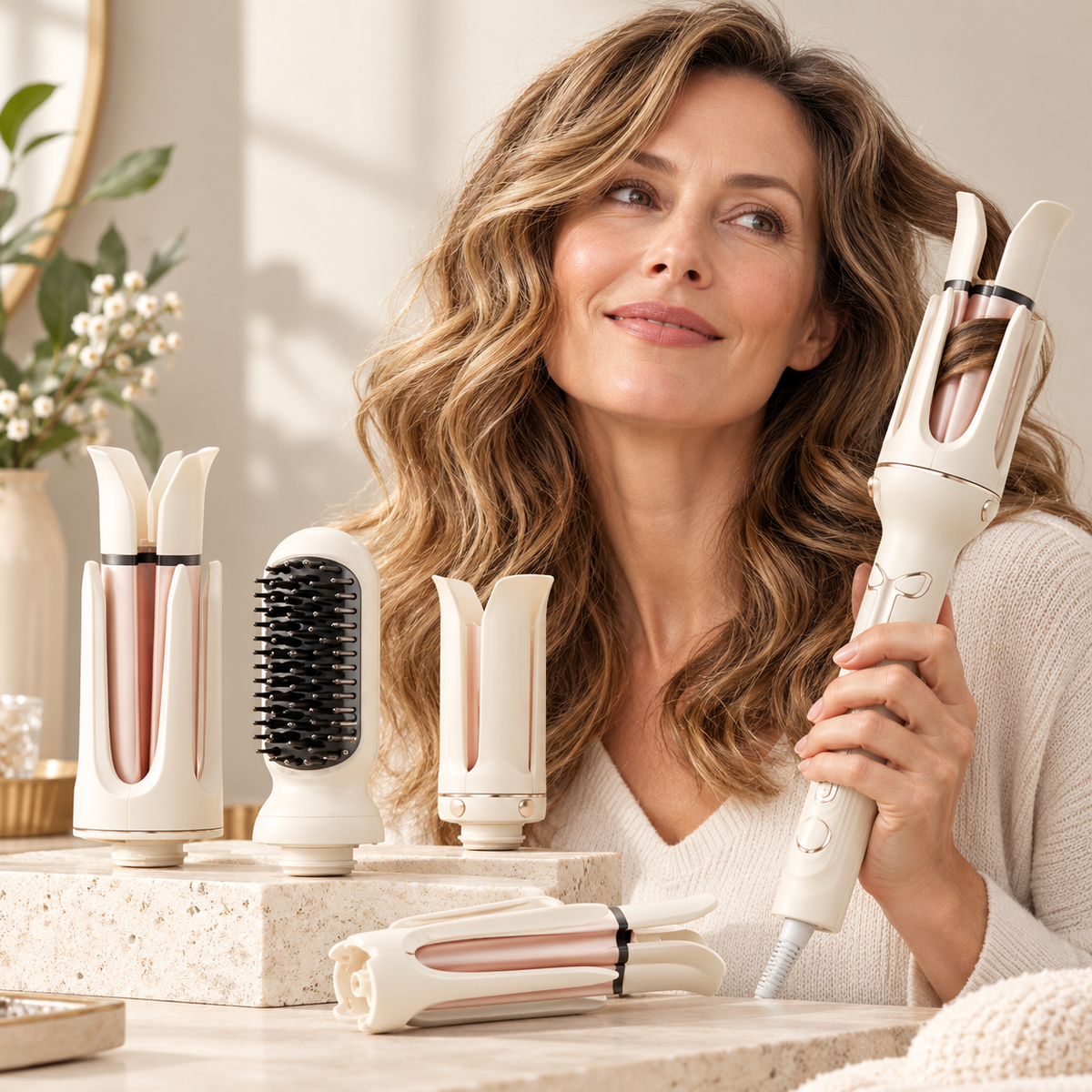 3-in-1 Automatic Hair Curler - Rotating Curling Wand with 28 mm & 32 mm Barrels and Straightening Brush Head
