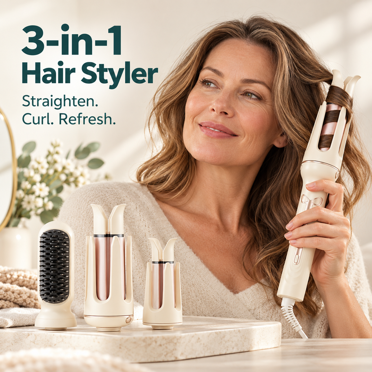 3-in-1 Automatic Hair Curler - Rotating Curling Wand with 28 mm & 32 mm Barrels and Straightening Brush Head