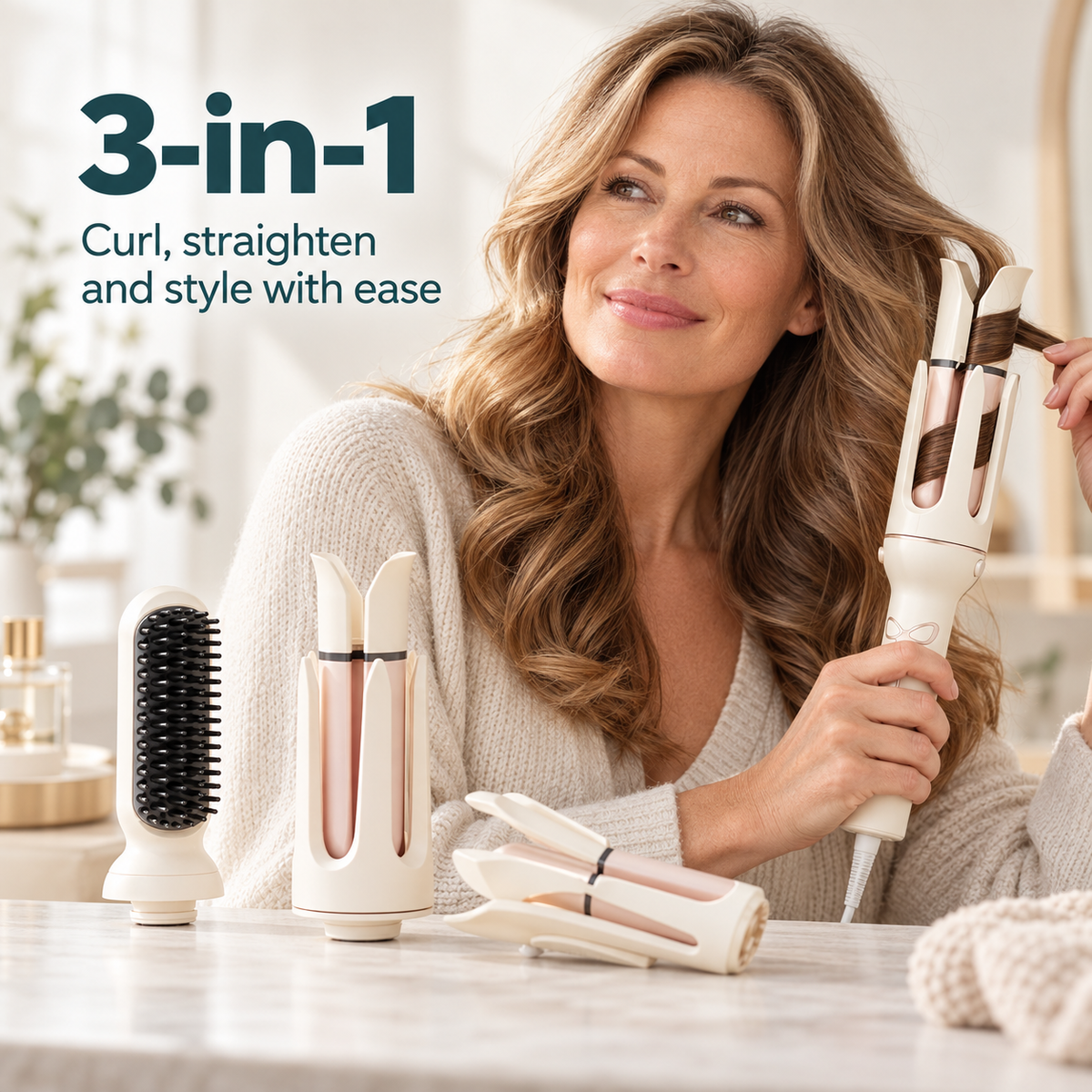 3-in-1 Automatic Hair Curler - Rotating Curling Wand with 28 mm & 32 mm Barrels and Straightening Brush Head