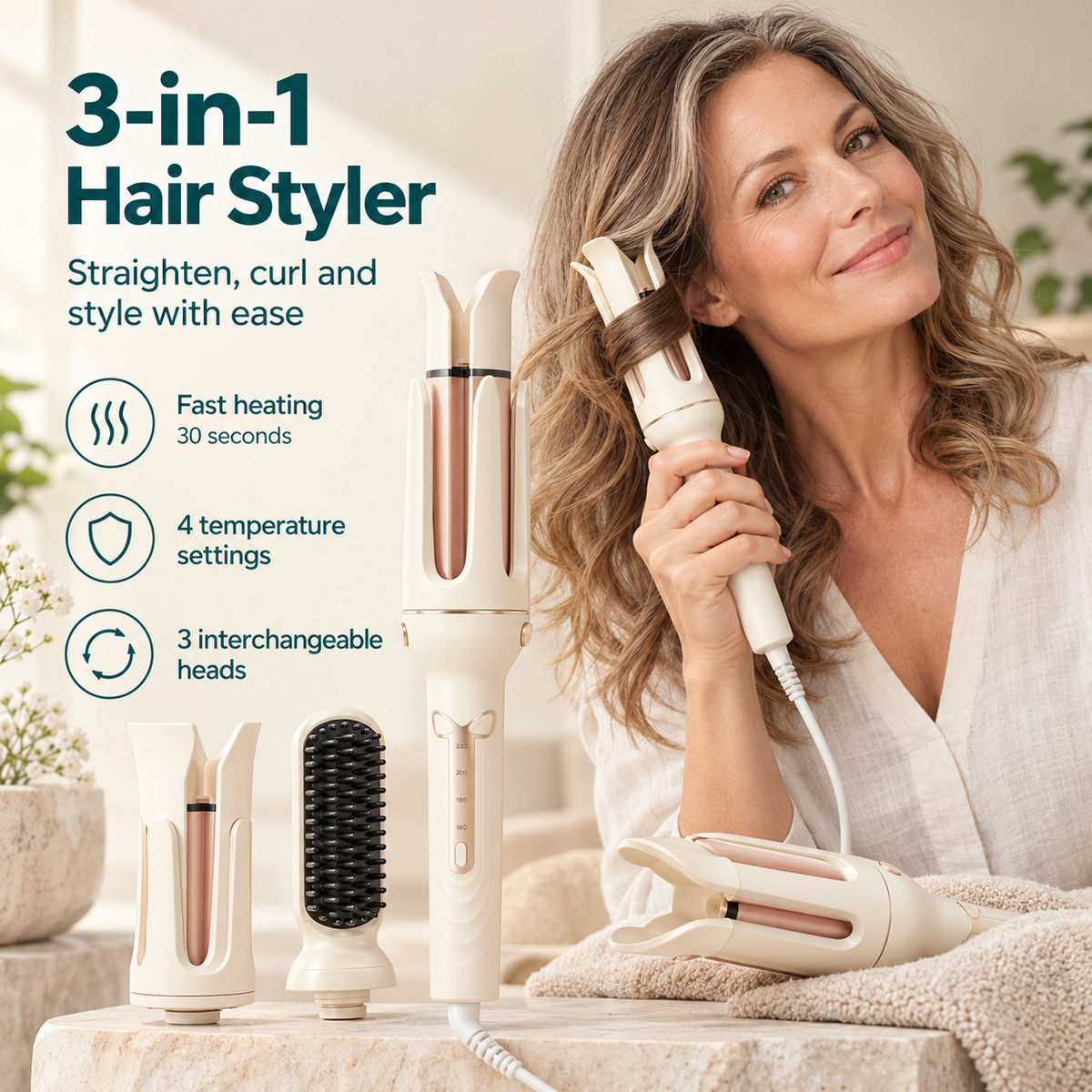 3-in-1 Automatic Hair Curler - Rotating Curling Wand with 28 mm & 32 mm Barrels and Straightening Brush Head