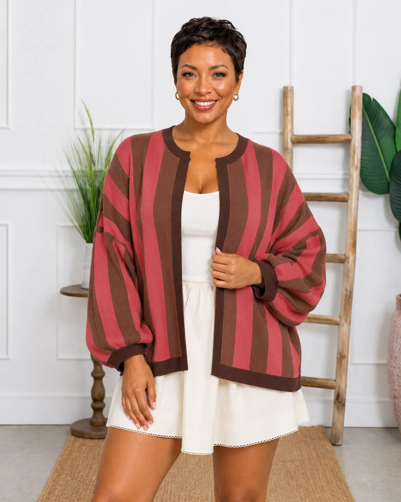 Contrast Trim Vertical Stripe Open Front Cardigan