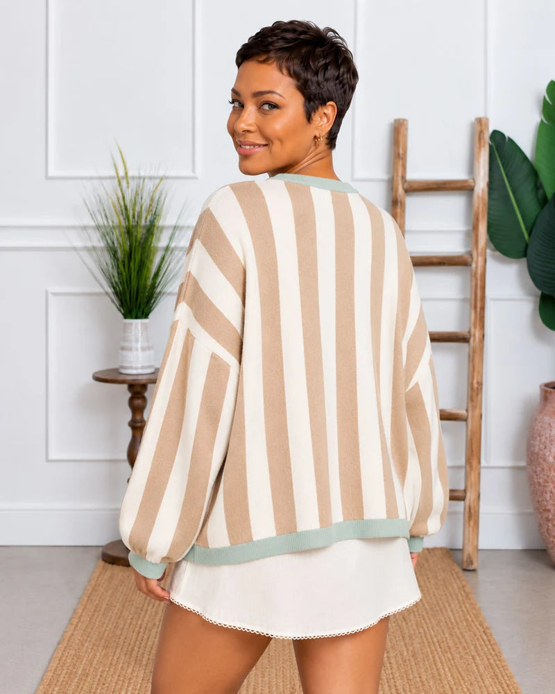 Contrast Trim Vertical Stripe Open Front Cardigan