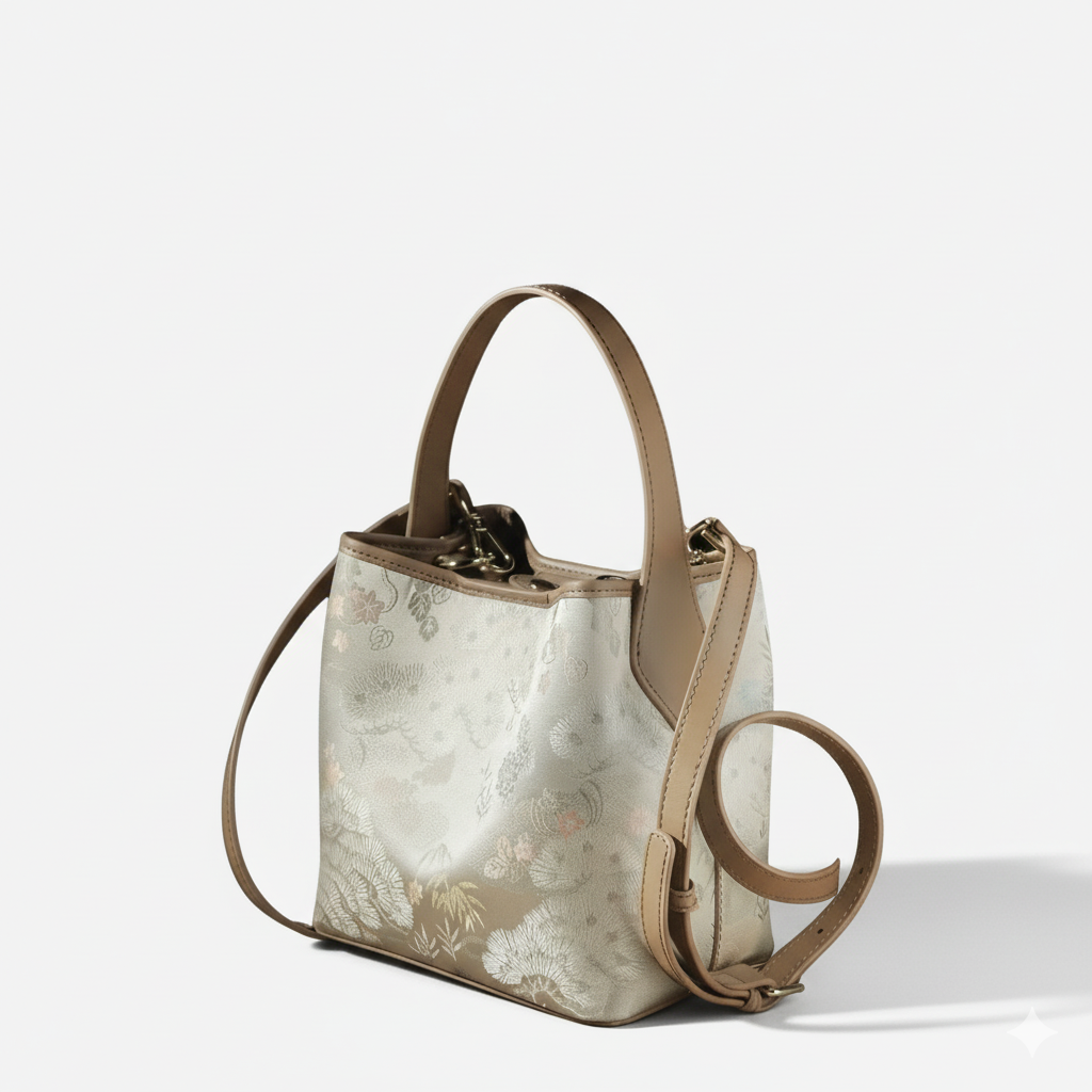 Floral Silk & Cowhide Mini Bucket Bag