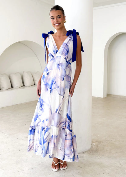 Cipriana Tie Midi Dress - Lapis Flame