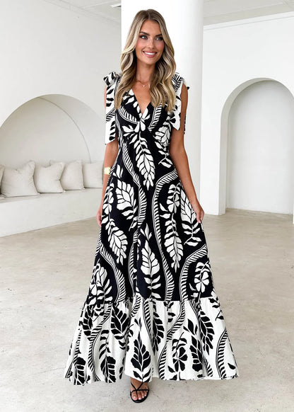 Clarissa Tie Midi Dress - Black Botanical