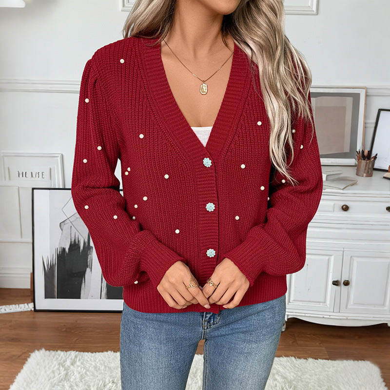 Faux Pearl Crystal Flower Button Chunky Rib Knit Cardigan