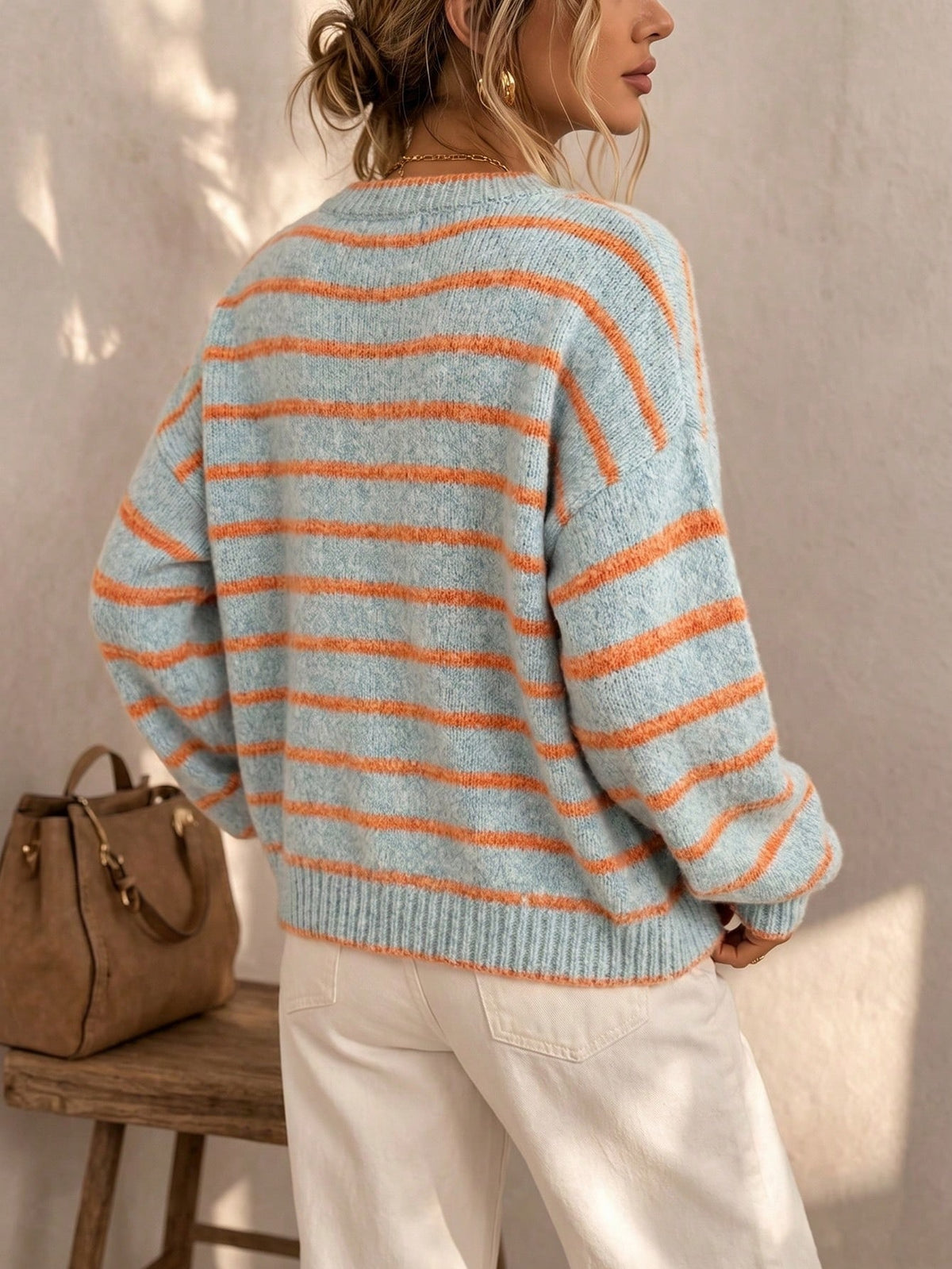 Orange Trim Powder Blue Striped Crew Neck Cardigan