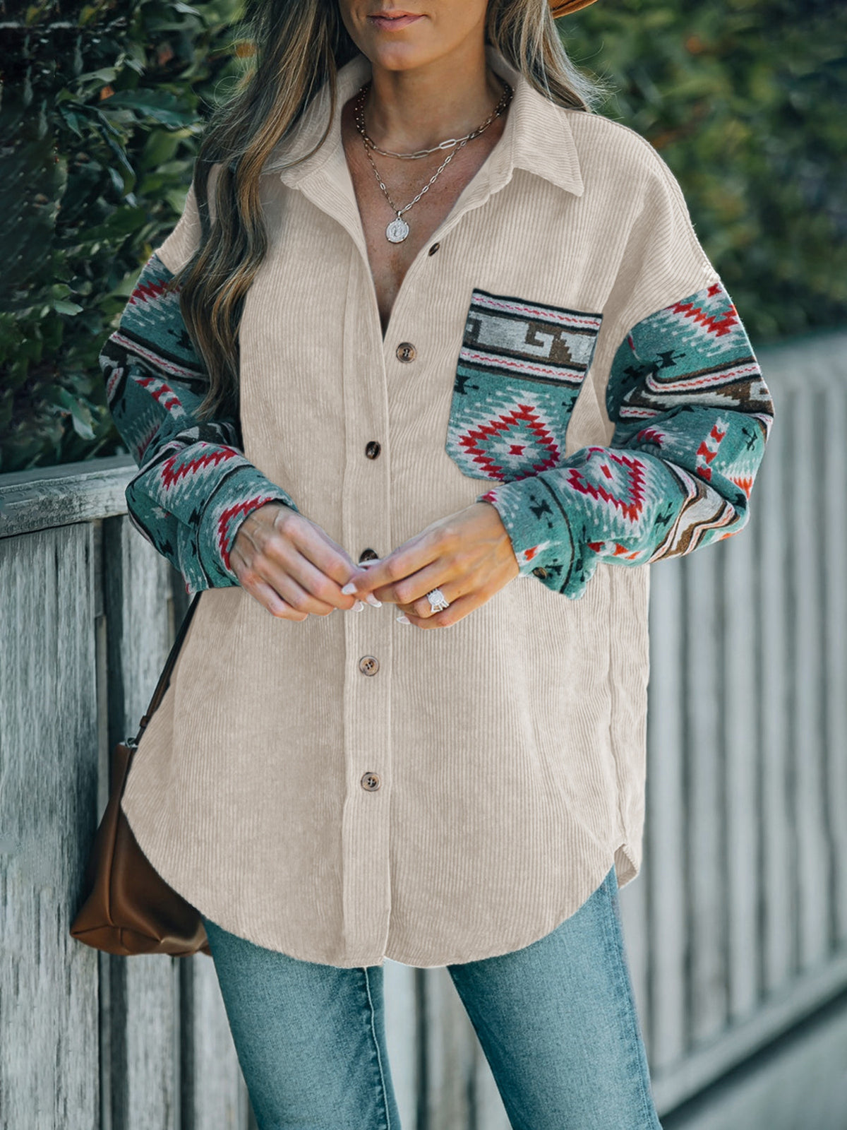 Aztec Print Sleeve Oversized Corduroy Shacket