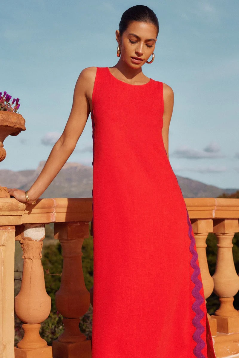 Wavy Lace Detail Sleeveless Midi Dress