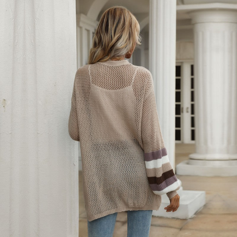 Stripe Cuff Balloon Sleeve Open Knit Cardigan