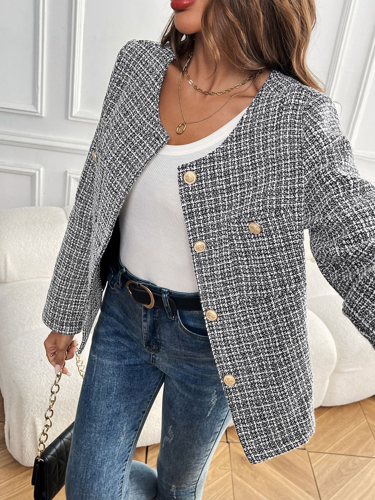 Gold Button Collarless Tweed Effect Cropped Jacket