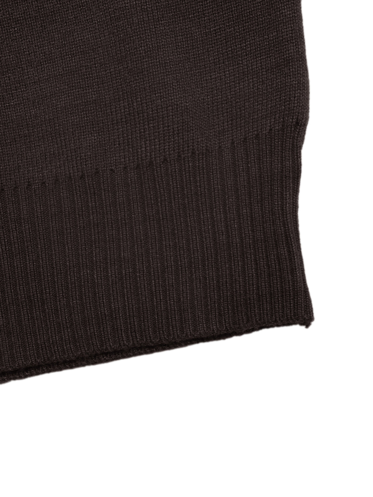 Close-up of a dark brown ribbed knit fabric cuff on a white background.