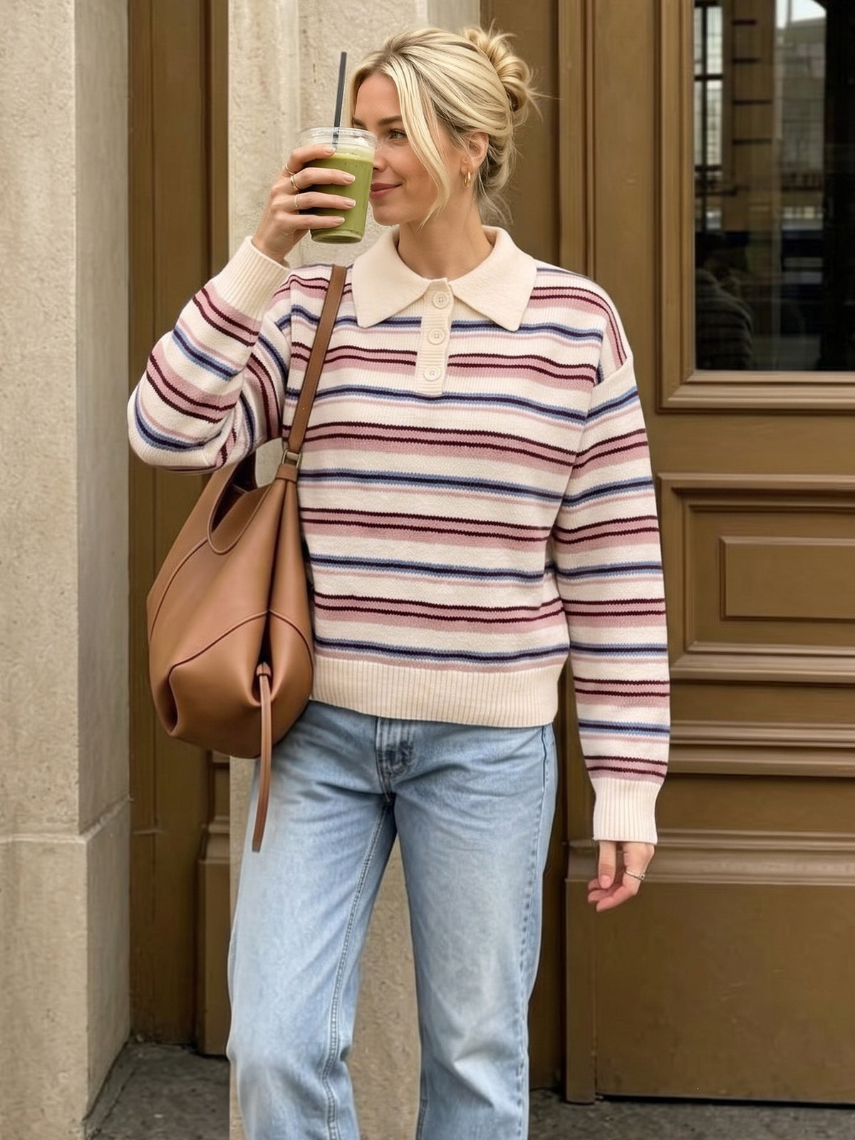 Button Polo Collar Striped Knit Jumper