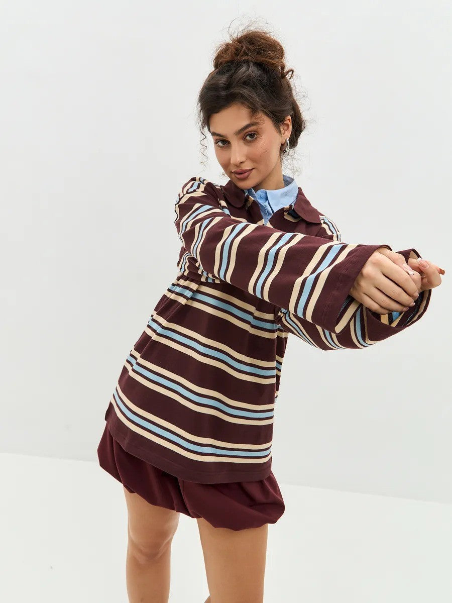 Button Placket Oversized Striped Rugby Top