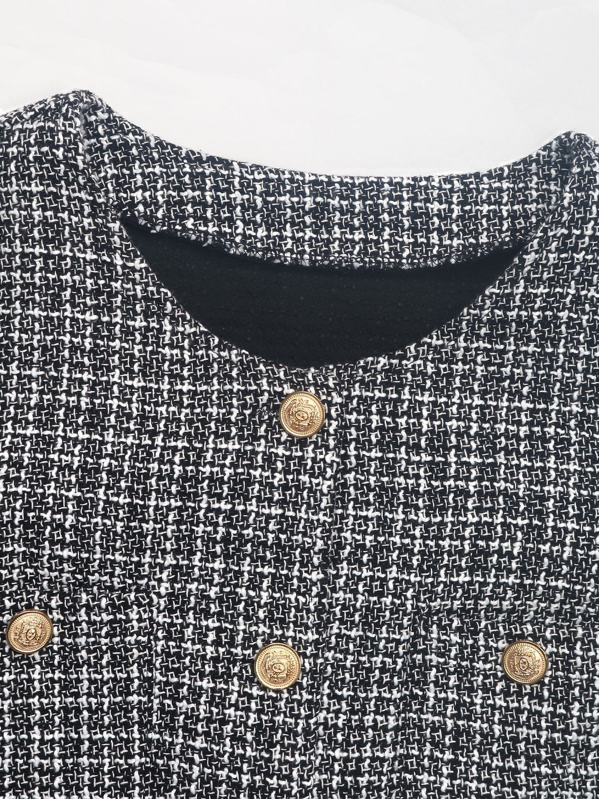 Gold Button Collarless Tweed Effect Cropped Jacket