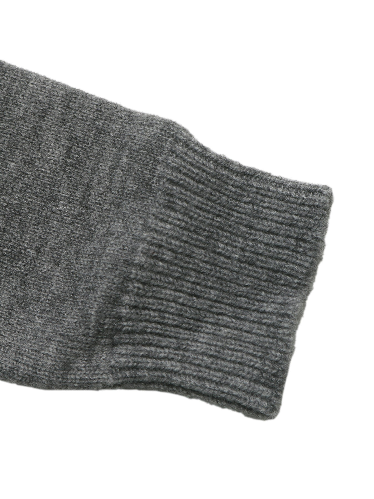 Close-up of a dark gray ribbed knit sleeve cuff on a plain white background.