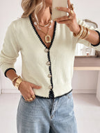 Gold Button Blanket Stitch V Neck Cropped Cardigan