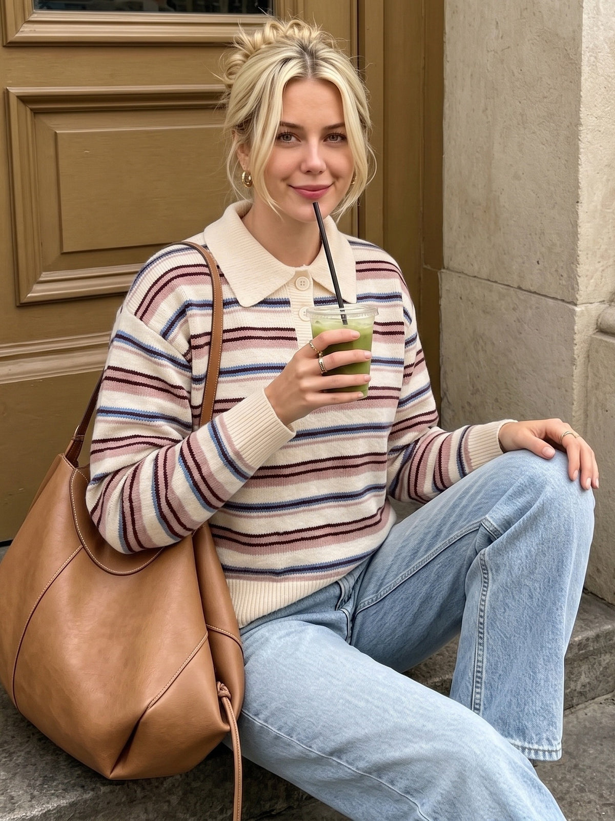Button Polo Collar Striped Knit Jumper