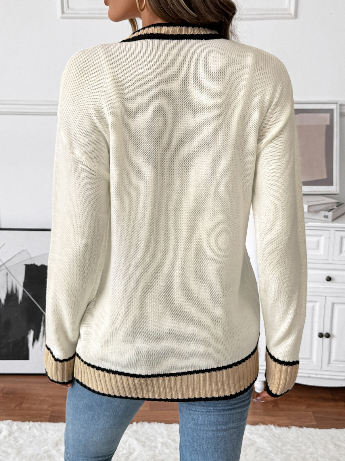Contrast Trim V Neck Button Pocket Cardigan