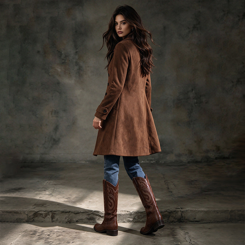 Women's Faux Suede Trench Coat - brown, full length side view