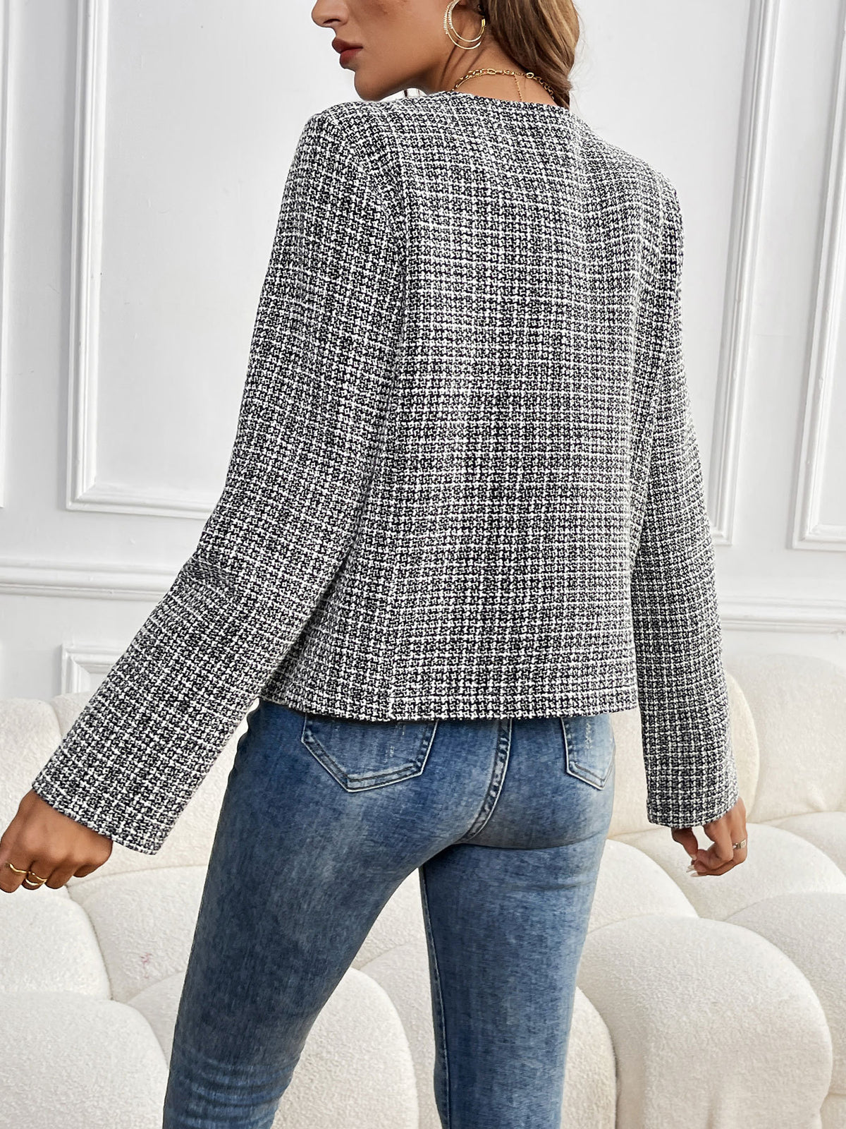 Gold Button Collarless Tweed Effect Cropped Jacket
