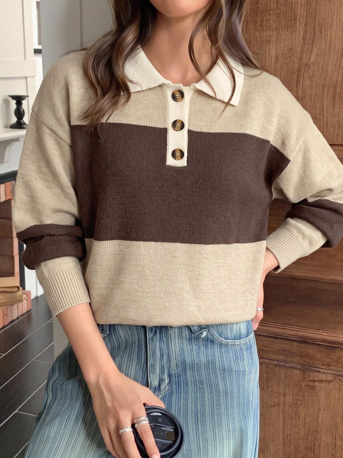 Contrast Collar Colour Block Knitted Rugby Polo Jumper