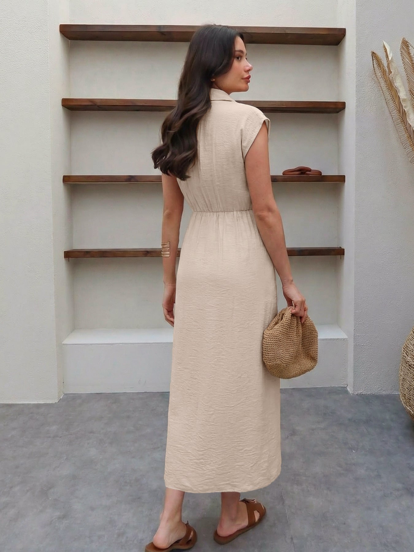 Beige Belted Midi Shirt Dress