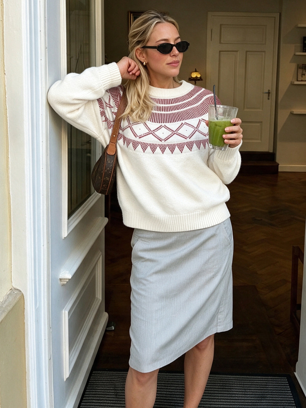 Burgundy Yoke Crew Neck Fair Isle Knit Jumper