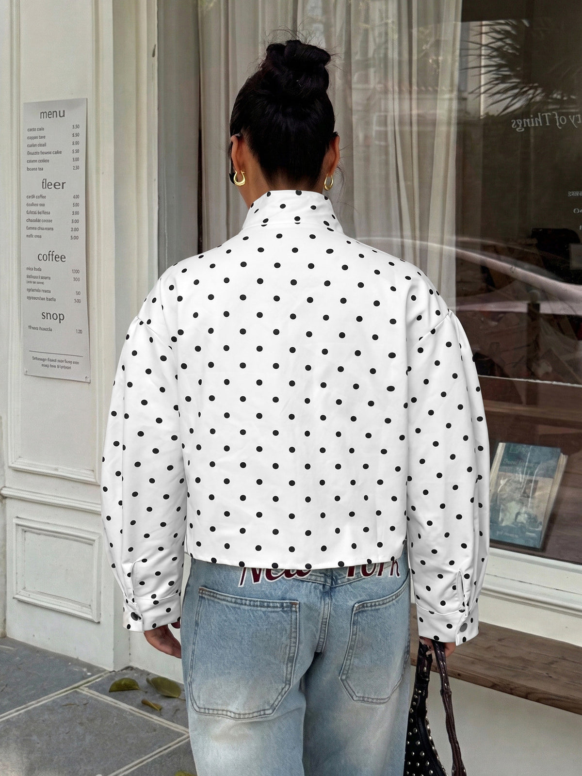 Funnel Neck Zip Front Cropped Polka Dot Jacket